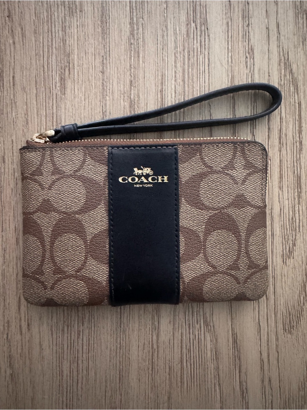 COACH Brown Signature Canvas Wristlet with Black Accent